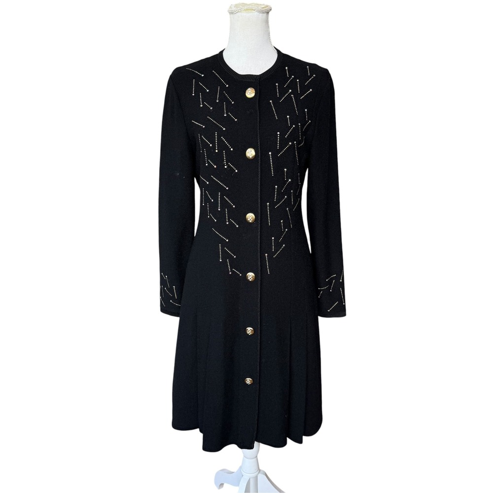 Steve Fabrikant Wool Blend Knit Button Front Rhinestone Dress Black Small